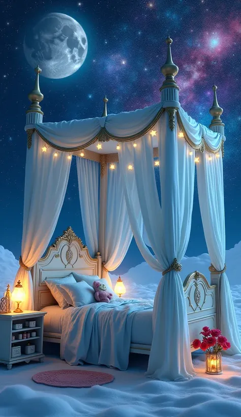 ((Best Quality)), ((masterpiece)), (  Details),  starry sky 、Stars Shining、An antique canopy bed with a relaxed atmosphere in space、 lots of stars shining all around 、The bed is light blue 、I can see the moon、The stars in the background shine colorfully 、R...