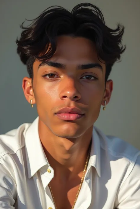 very attractive and youthful young mulatto man with short hair dressed in a white shirt, small eyes, dark eyebrows, thick lips, protruding cheekbones, small, contoured nose