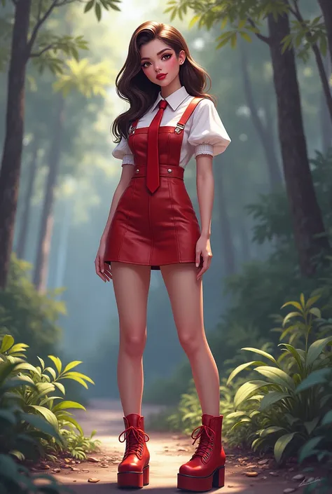  full body  , fitted figure , cute beautiful schoogirl,  beautiful cute teen faces with big lips ,  red sexy  leather skater  pinafore dress,  blouse short  puffy sleeves ,  red leather short  skater skirt, red tie , brunette long hair,  Beautiful eyes. st...