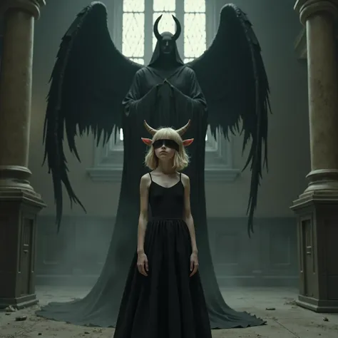 a girl, blonde short hair, wearing black blindfold, black wedding dress, has a pair of lamb horn, in the back standing a big death angel with its scythe, in the abandoned church, facing up the ceiling, low light, realistic, asian