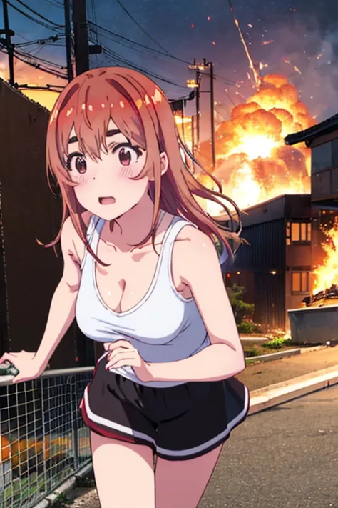 sumi sakurasawa、holding hundgun、at night、fence、1 girl、 cleavage、 black tank top、 sexy black shorts、infiltrate a military base、mi...