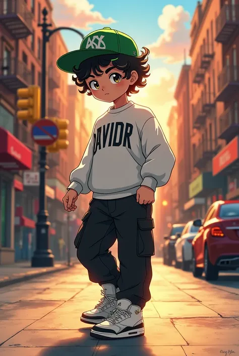 Make me a white boy with black hair curlers with a green Yankis cap on backwards,  With a white sweater that says DAVIDR in capital letters, wearing black cargo pants , With white retro Jordan 3 on her feet , Walking backwards at sunset on the sidewalks of...