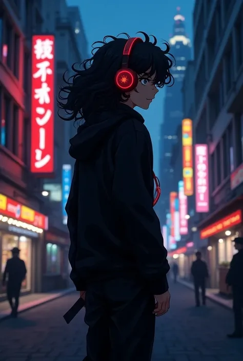 Boy with long curly hair wearing red headphones walking in the city at night wearing black anime-style clothing