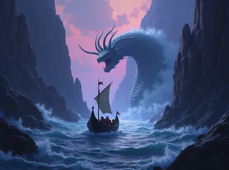  A Greek boat swims between two rocks and between two monsters Scylla and Charybdis. On one rock, a six-headed serpent .  On the same rock. On the other hand, the monster Charybdis , its in the sea ,  raises a wave .  The whole image is in purple-blue tone...