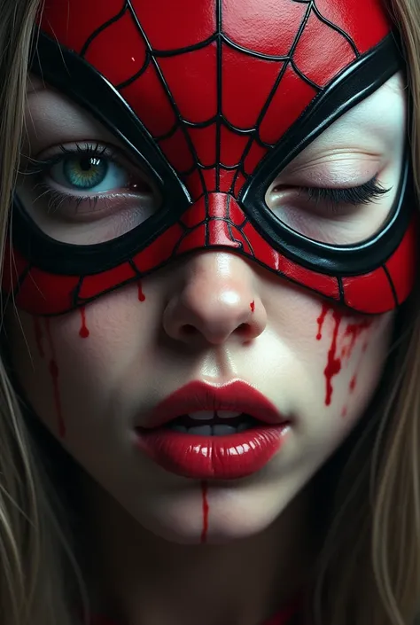 (( better quality )), (( masterpiece)), (detailed), gros plan visage parfait
femme avec masque spiderman.  Bleeding lips .  Dark bruises on the cheek and chin. oil droit fermé,  swollen and swollen  