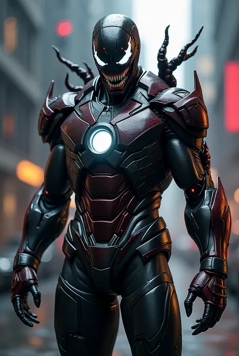 Create an image of a powerful hybrid character combining elements of Venom and Iron Man. The character has a sleek, high-tech armored suit like Iron Man’s, but with dark black and red organic details that resemble Venom’s symbiote. The armor features tendr...