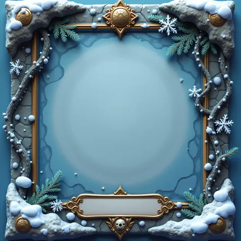  Develop a 3D  card border UI devided in two equal parts in the middle for a winter-themed map with structure,  following the frame in the provided image . The frame should use winter blue tones , white snowflakes,  and rich shades of silver with the effec...