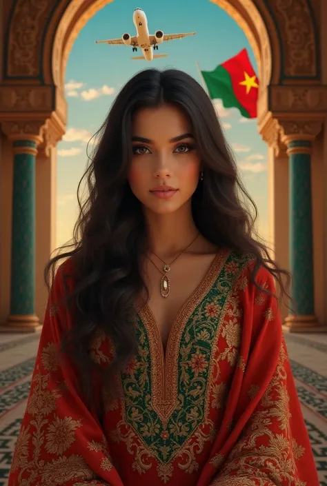  Beautiful girl with long wavy hair, traditional Moroccan kaftan dress inside a Moroccan castle and Moroccan flag and a plane in the sky and write in the photo HAYAT