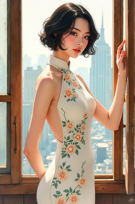 Watercolor. Steve Hanks.   A beautiful young woman with short black hair is wearing a short tight white cheongsam dress with a floral pattern. Shes standing by the wooden-framed window. The window offers a view of the city landscape. She has fair skin and ...