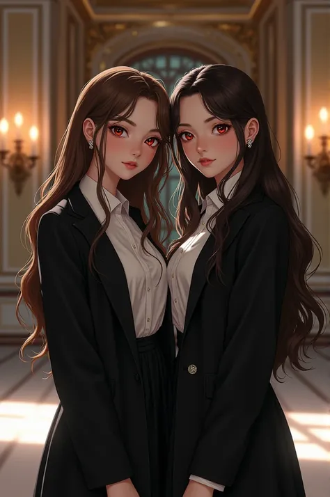 (best quality, masterpiece, ultra-detailed, extremely detailed, highres), (2girl, duo), 18 years old Anime girl, sisters, brown hair, long raven hair, slightly wavy hair, parted bangs, Magus, red eyes, diamond earrings, long black coat, necktie, white shir...