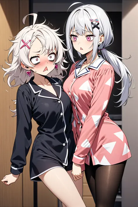 High image quality
 Female College 1,  Pink Eyes、White Hair、 shortcut,   low ponytail 、   earrings for one woman,  Ahoge,   asymmetrical bangs ,  x-shaped hair ornament,   dark circles under eyes、 black tights、vigil、Background white、front、Messy Hair、triang...