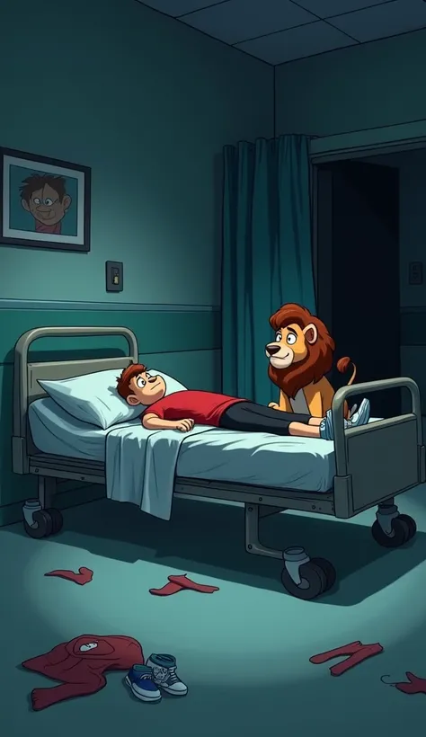 :"A cartoon lion characters empty hospital bed with red t-shirt, black shorts, and blue sneakers A suspenseful hospital room with dim lighting, showing a shadowy corner where a mysterious figure is partially visible, creating an atmosphere of suspense. The...