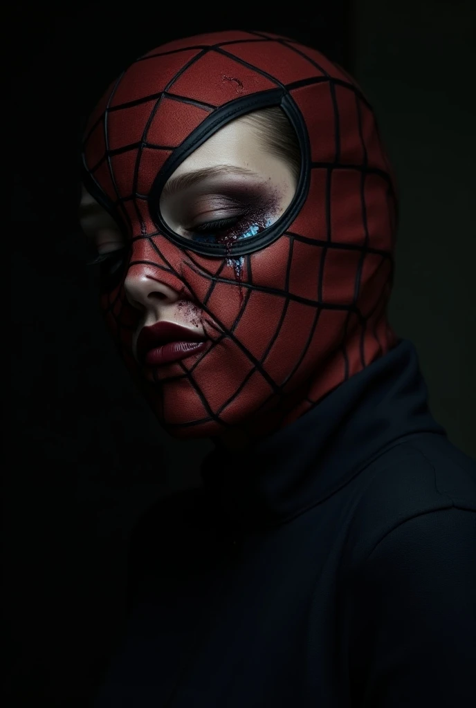 (( better quality )), (( masterpiece)), (detailed),  a black jacket .
woman with Spiderman mask .  Bleeding lips .  Dark bruises on the cheek and chin .  Closed and swollen right eye ,   swollen eye socket and eyelid color blue and brown 