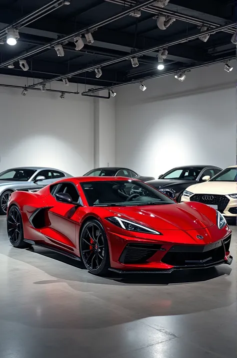 Make me a Collection car room the car is mazda rx7,aston martin valkyrie,mazda eunos cosmo,mitsubhisi eclipse,audi rs7.