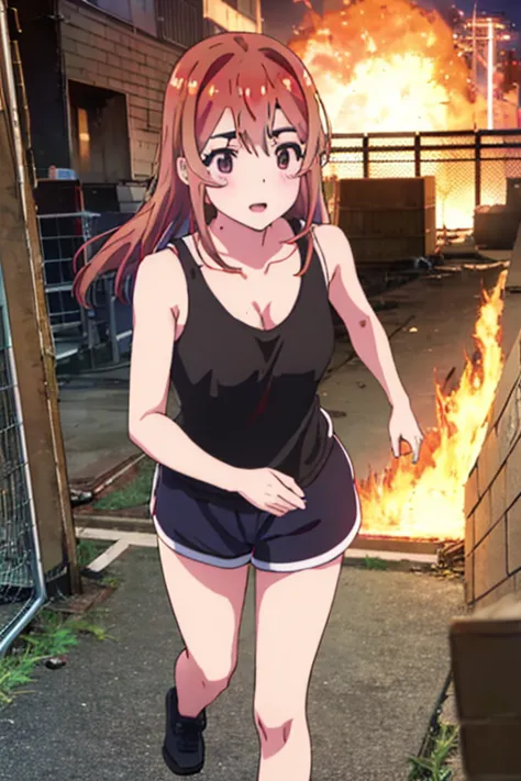 Sumi Sakurasawa、holding hundgun、at night、fence、1 girl、 cleavage、 Black Tank Top、 sexy black shorts、Turn around and show your butt、Infiltrate a military base、Military base exploding in flames、The building is on fire