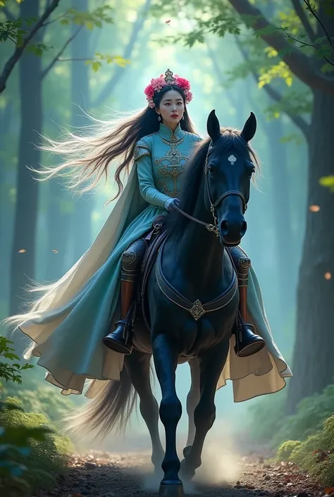 Wide shot of a very beautiful Korean female knight from the middle ages with long blue green and pink hair blowing in the wind effect of the woman wearing a beautiful flower crown, she is riding a mighty royal black horse with thick fur with white legs thr...