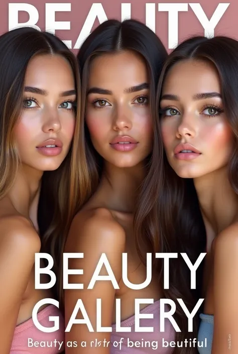  The main page of a glossy magazine featuring 3 girls with long hair and text in capital letters below  "Beauty Gallery", and in the middle is the text  "Beauty as an art or art of being beautiful " 