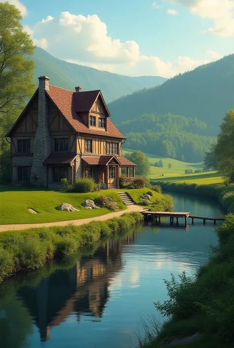 Draw a house with a river view 