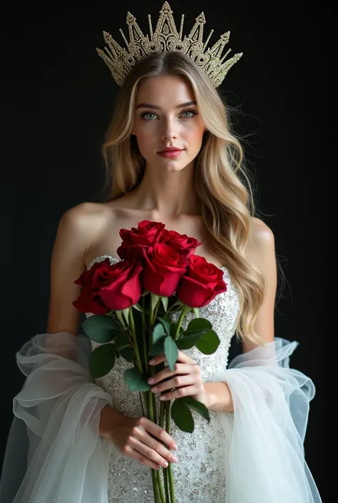  portrait of a 25 year old woman wearing a sparkling white dress costume.Long haired woman wears gold crown . she has large branched red roses . her background is pitch black dynamic composition ,  flowing costume elements ,  high-key lighting , texture, d...