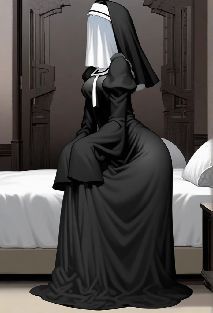 Solo, 1girl, tall women, puff shoulders, black nun outfits, long skirt, faceless, veil /(Veil covering face), sleeves past wrists, sleeves past fingers, sexy, overly long sleeves, wide open loose sleeves, room, bed, form, behind, butt, touching butt