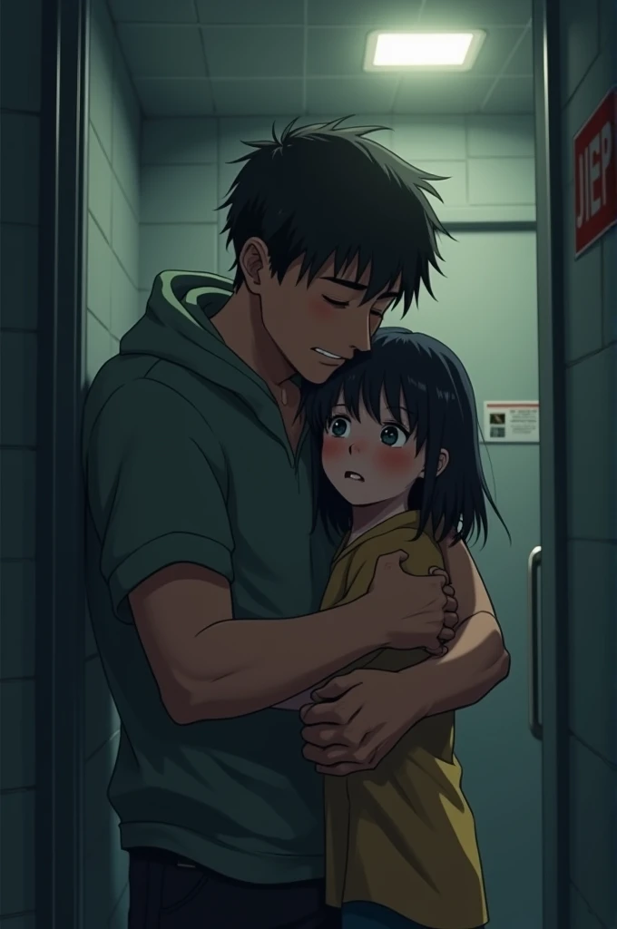 Create a poster of a big brother that’s  calming down his little sister that is  during a nukes alarm and he’s hugging her In a safe room 