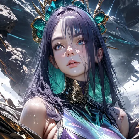 1girl, ice-blue eyes, deep indigo hair with hints of metallic green. Her skin is an iridescent bronze with a faint shimmer, a scar across her left eyebrow, lean, muscular build, she dresses in worn, fitted armor, marked by years of scrapes and close calls....