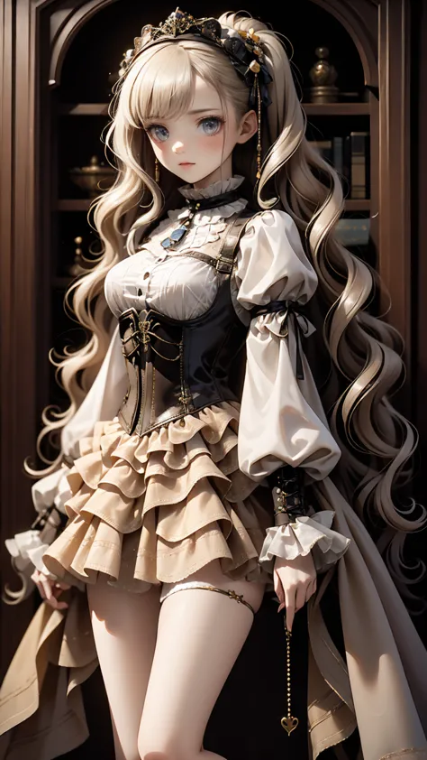 (((gothic))),  A young woman stands among elaborate decorations 、 captivating scene  , she was adorned with hair accessories、she is medium length,  wavy golden hair..。.。Super mini skirt with frills, sheの表情は自然だ,  calm expression. she wore a frilly-sleeved m...