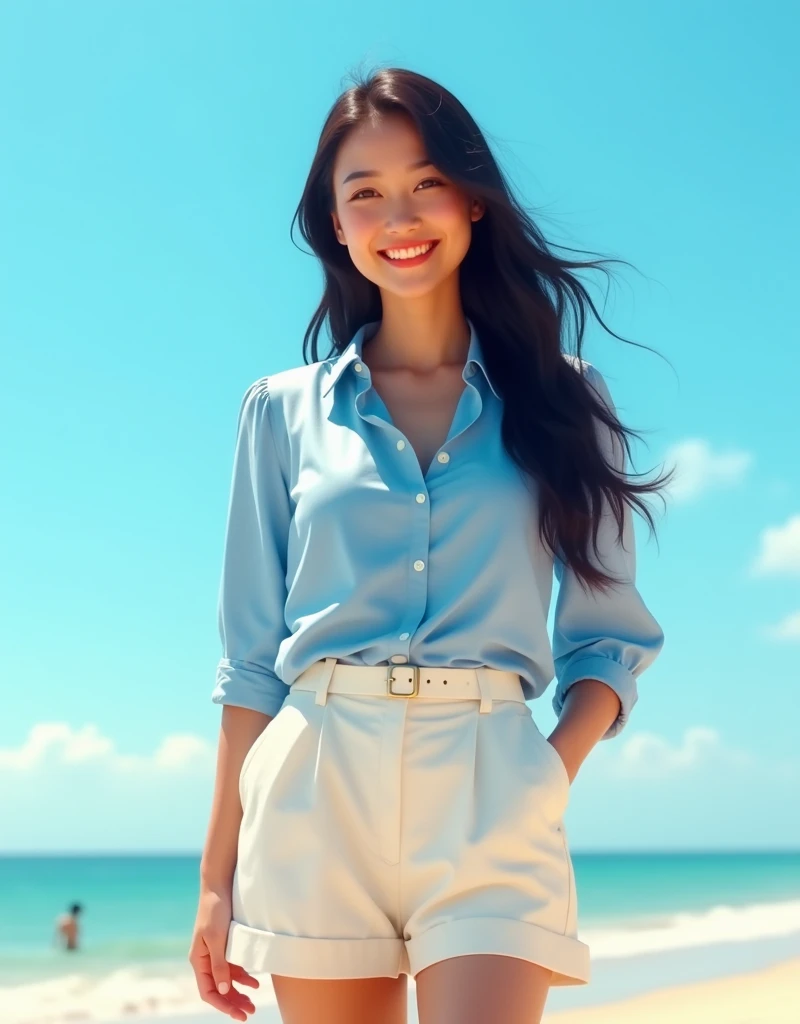 8K HD, best lighting, A young woman with long, straight black hair, pale skin, smiling, dressed in a light blue blouse tucked into high-waisted white shorts, with white sneakers and a matching belt, standing by the beach with a clear blue sky.