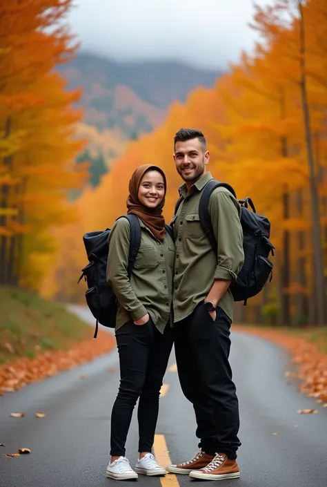  Photo of a beautiful woman wearing a hijab slightly chubby face smiling sweet look of teeth, woman looking at camera standing on the roadside against forest background .  He is wearing an army shirt there are buttons and his pockets are black cargo pants ...