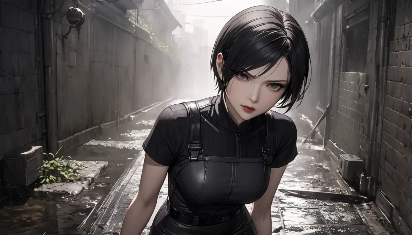 ((  Masterpiece  )), (familiar), precise, eyelash , (Resident Evil), (Ada wong), bare, ร่างbare, background, Sewer  , Short hair, Black hair, Gray eyes,  Medium Breasts ,  Black Tight Mini Skirt,  Black Floral Undershirt 