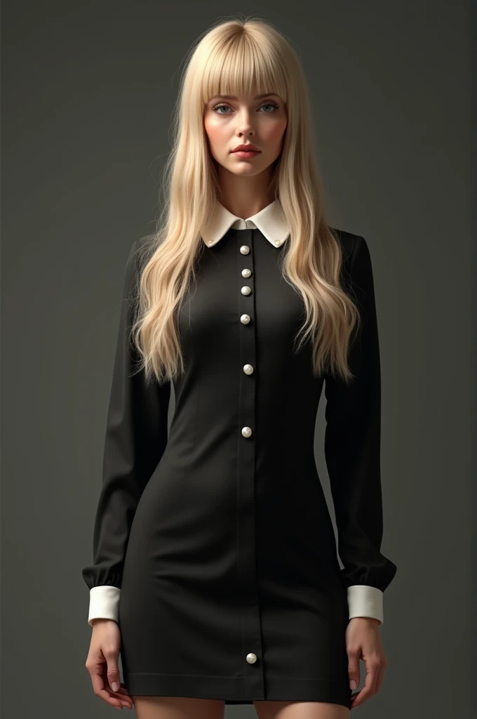  Wide front shot of realistic detailed image of 30 year old beautiful young woman has long straight blonde hair with bangs, Wear black dress with pearl buttons this fitted upper part with white collar and sleeves , high heels 