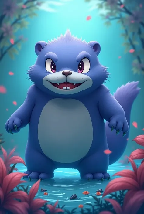 Pokemon, 3d anime, male mature beaver, blue and purple skin, water and poison type, lazy face