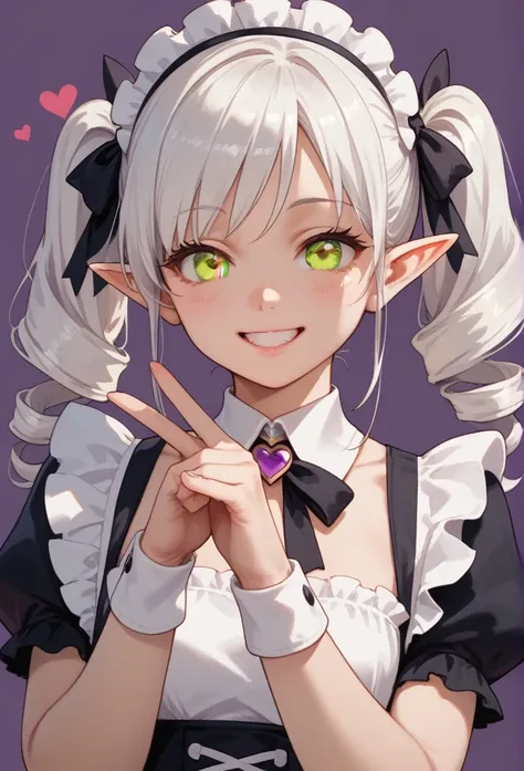 masterpiece, best quality, ultra detailed, a girl, elf, maid, happy, smiling, making a heart with fingers, looking at viewer, twintails, drill hair, white hair, golden eyes, purple background, flat background, with stardust, cute, kawaii, anime