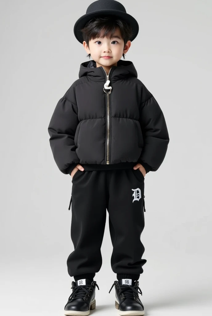 Little costume model，a cute boy with large eyes, cool, black puffer jacket, pants and shoes, highly detailed, detailed clothing textures, black