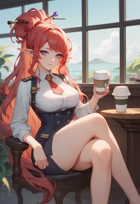 ((Full HD quality)) anime,1 woman, Red haired character,  hair style long ponytail and similar to that of Yinlin from Wutering Waves, hair stick similar to Yinlin from Wutering Waves ,  violet eyes,  pointed ears , a sexy body, Clothes, uniform similar to ...