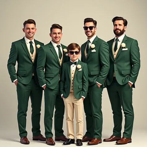 5 GroomsMen in 30s with one of age 10 all wearing Green suit coat  Ivory pants for Wedding 2 of men  wearing Sunglasses wide realistic
