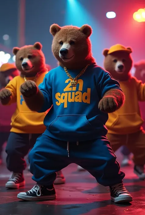 Retro hip hop gangster bears with sweatshirts that say 2 H SQUAD dancing breaking 