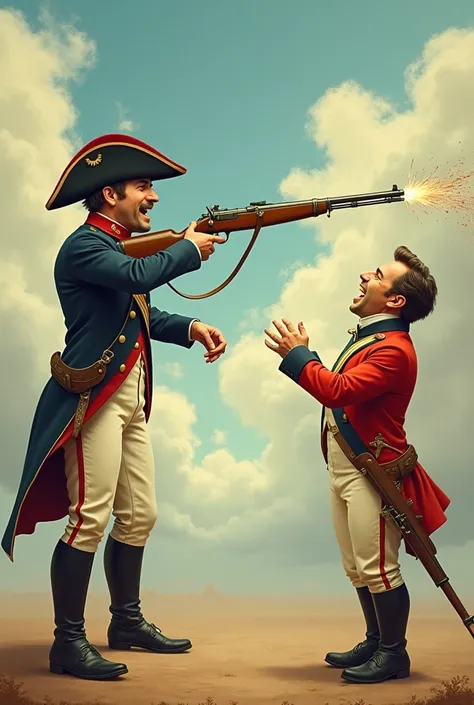 man shooting Napoleon Bibaparte
on his head.
Napoleon laugh cause the man miss he