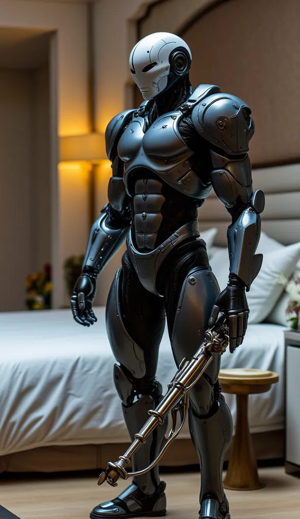 ((masterpiece)) ((photography)) ((Highest quality)) A highly detailed, cinematic depiction of a male cyborg standing beside a luxurious, futuristic bed. His design is both powerful and elegant, blending advanced technology with lifelike human traits. He ha...