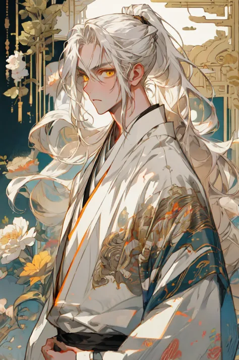 masterpiece, best quality, Detailed Eyes, 1 man, handsome, tall, fit, white hair, high ponytail, long hair, yellow eyes, Oriental, White Hanfu, bust, bust, artist:fashionable,  Extremely Delicate and Beautiful , masterpiece, [20&#39;s, very small head, ver...