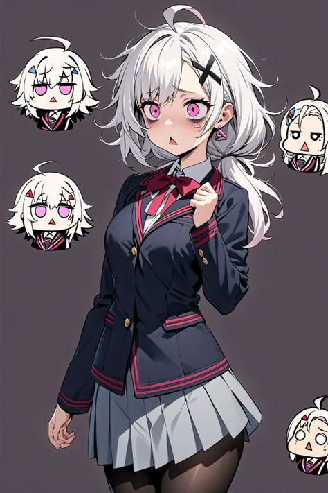 High image quality
 Female College 1,  Pink Eyes、White Hair、 shortcut,   low ponytail 、   earrings for one woman,  Ahoge,   asymmetrical bangs ,  x-shaped hair ornament,   dark circles under eyes、 black tights、vigil、Background white、front、Messy Hair、triang...