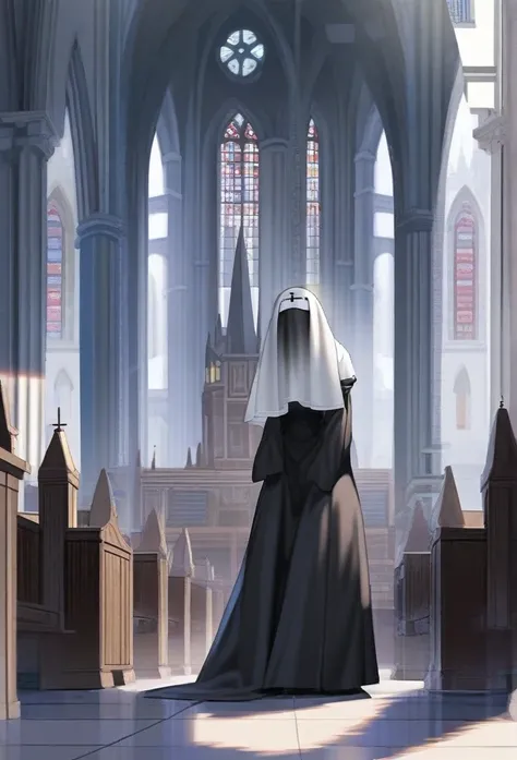 Solo, 1girl, tall women, puff shoulders, black nun outfits, long skirt, faceless, veil /(Veil covering face), sleeves past wrists, sleeves past fingers, sexy, overly long sleeves, wide open loose sleeves, church, day, city