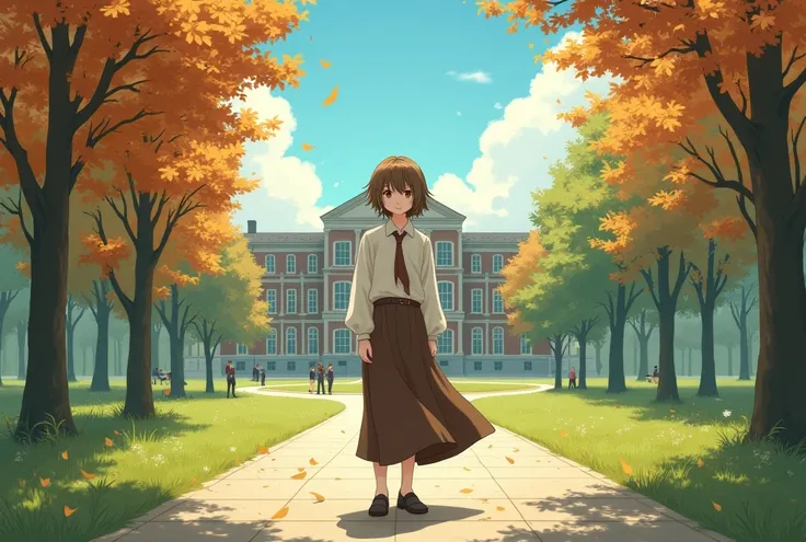 A handsome effeminate boy of , round, brown-eyed, with brown tousled shoulder-length hair. dressed in a brown wool maxi skirt, a white school-style shirt with long sleeves and a tie. Standing on a paved path, leading to the three-story building of the main...