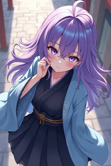 Attractive game girl with purple long hair 、 
Turn a section of the side of the bangs blue.　
 blue highlights on the side of her bangs 　Part of the bangs is blue　　 blue kimono with white triangular pattern on the cuffs　Light blue kimono coat
black hakama a...