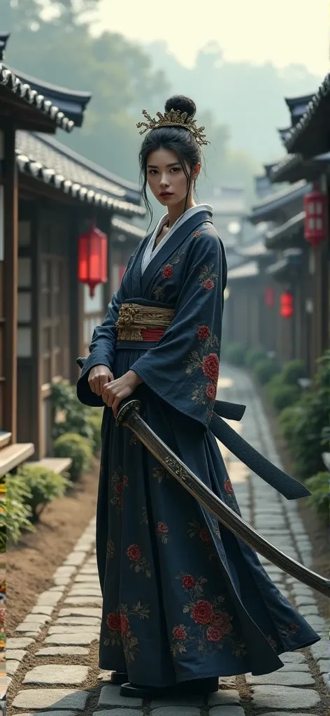 A ninja geisha ,  with her katakana sword, in a village