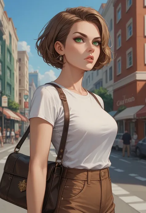 brown, neck length short haired, green eyed, round faced, narrow mouth, full lips, serious looking, nice breasted, large and tall, serious looking, feminen lady is waiting at the pedestrian crossing at queens city, she wears grey long sleeved armed shirt, ...