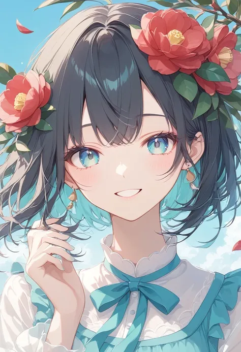 There is a camellia flower on the head、  black hair short hair、 Teal Eyelids、smile、blue sky