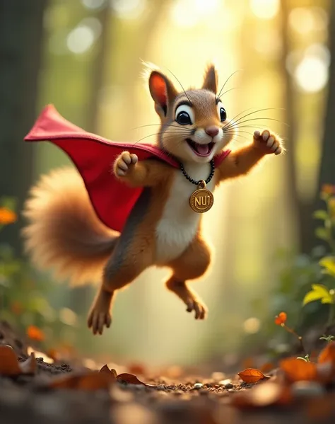 Ultra-detailed, high-resolution image of a playful, adventurous squirrel, captured mid-flight as it leaps heroically between branches. The squirrel wears a tiny red superhero cape, and its big, expressive eyes and wide grin add charm to its fearless pose. ...