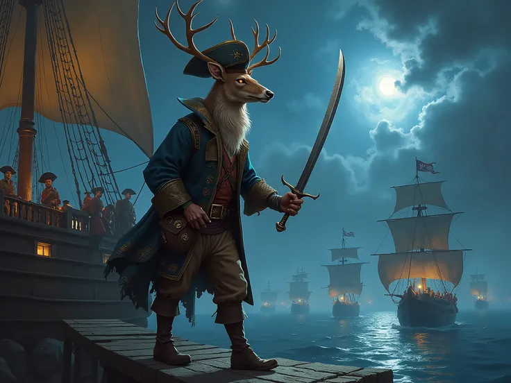 a fantasy deer wears a pirate outfit and carries a sword, boarding a fantasy pirate ship , Nighttime Fantasy, Behind it is a pirate army.