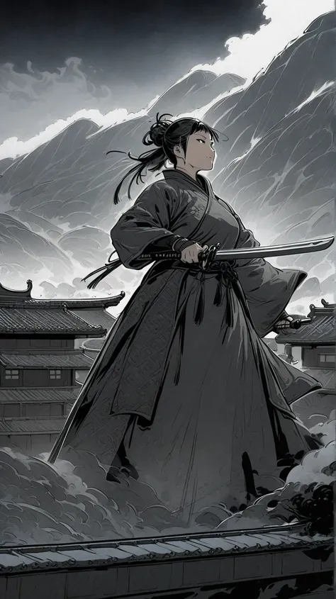 (((Best Quality))),(((Super detailed))),(((masterpiece))),Illustration,1 person,1 Female,Swordsman, Female Warrior, traditional Chinese costume , is standing, ink style ,martial arts,Pose,rooftop,moonlight,  knight ,background,Ancient Chinese architecture,...